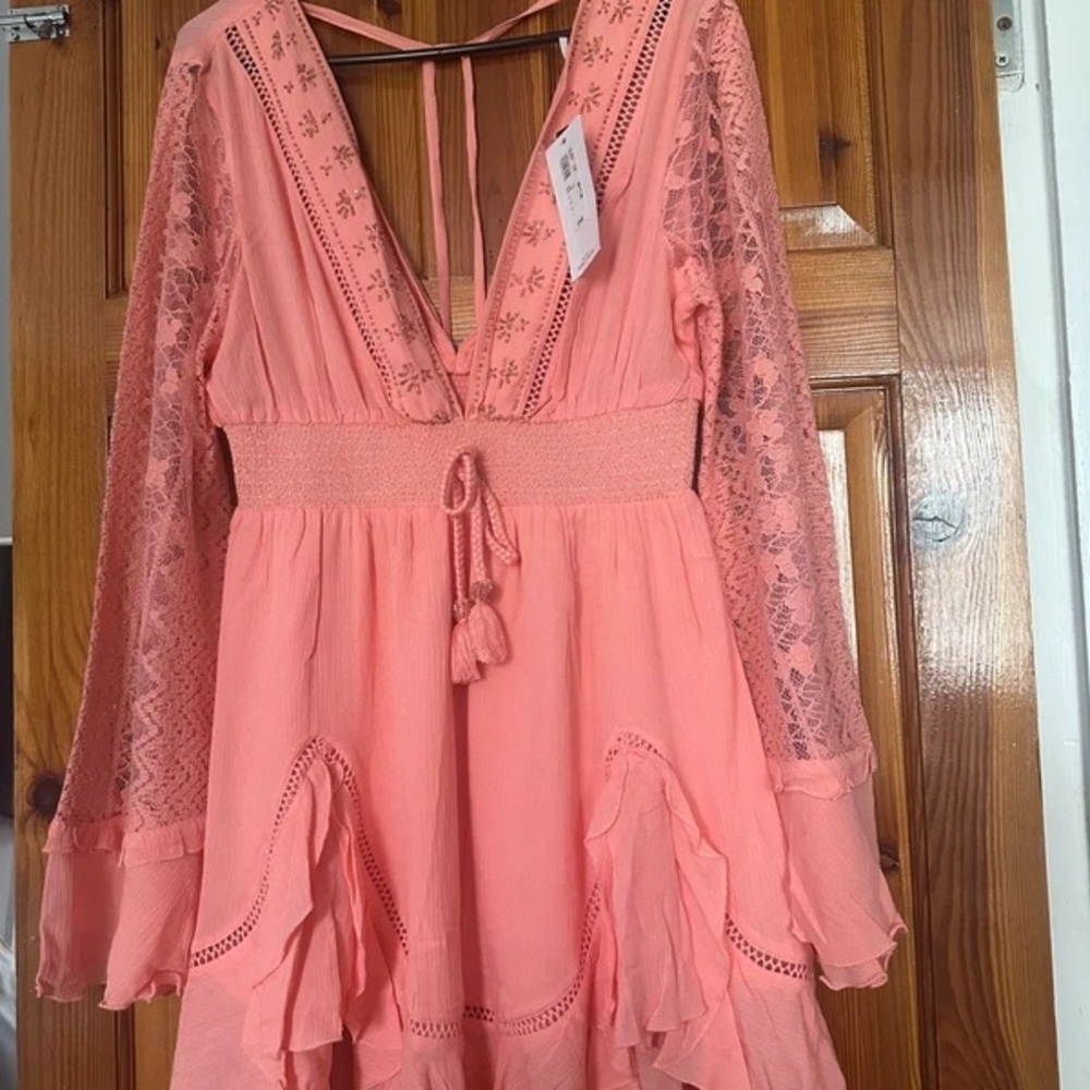 Boohoo Pink Lace Long Sleeve Dress